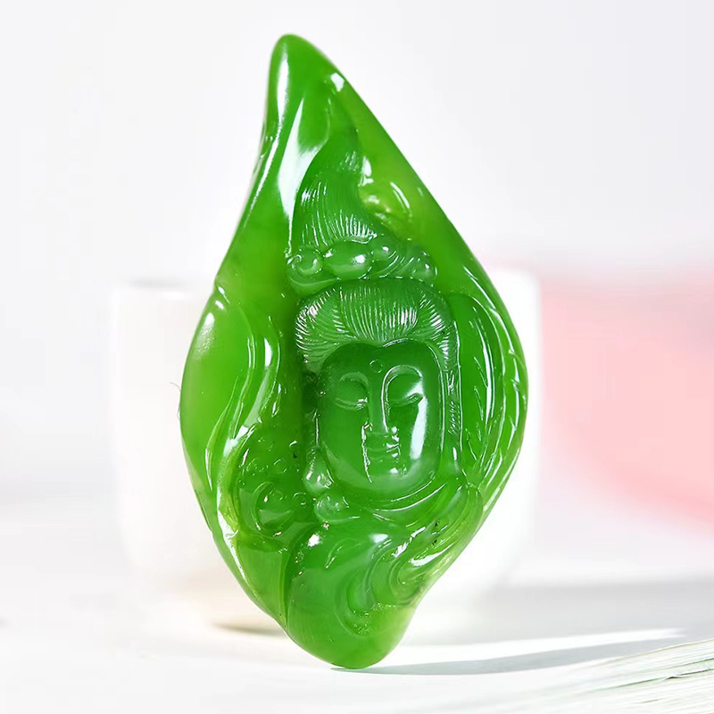 添此福玉新疆天然和田玉菠菜绿碧玉观音头像玉吊坠挂件男士款玉佩