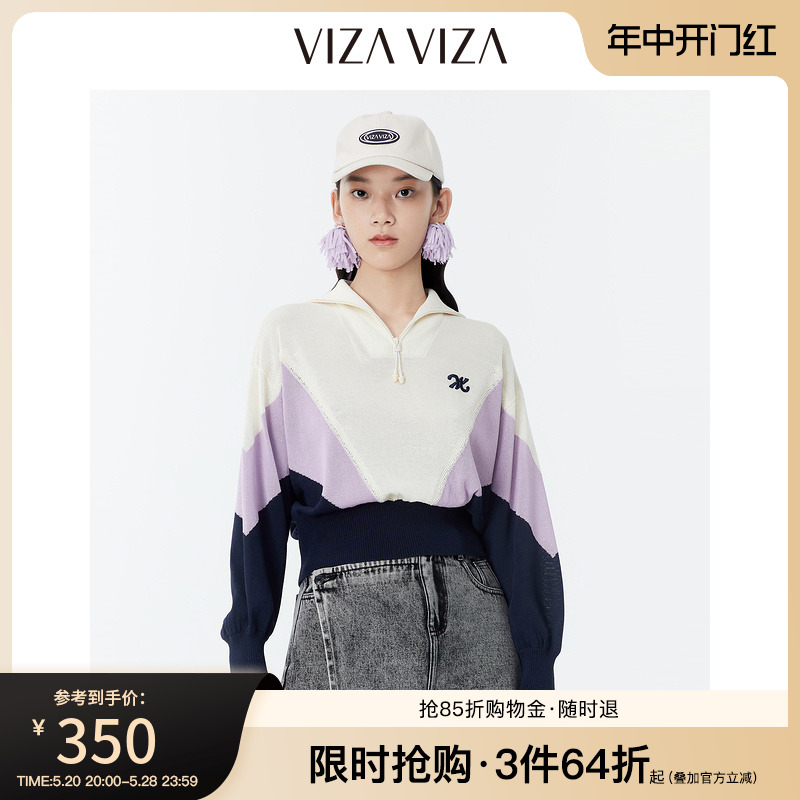 【商场同款】VIZA VIZA 春季2024新款落肩袖套头宽松拉链针织衫女