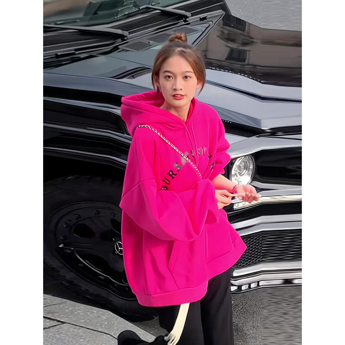 韩范连帽火龙果色卫衣女宽松韩版炸街2021新款甜美减龄时尚上衣潮