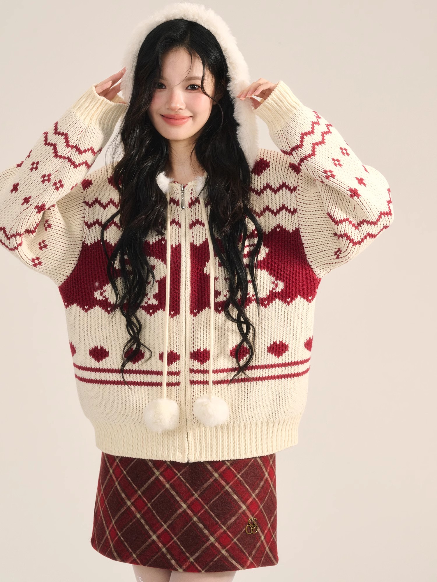 Soote Season原创设计跨年小兔红白连帽拉链针织衫氛围感毛衣女