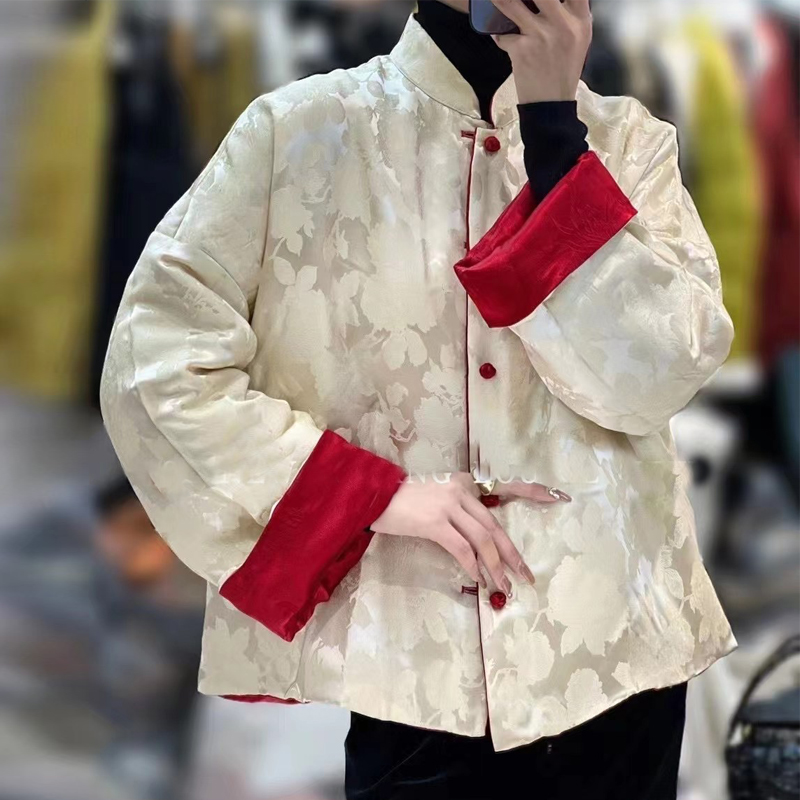 新中式双面真丝棉袄新款复古轻奢故宫红色真丝提花立领棉衣外套女