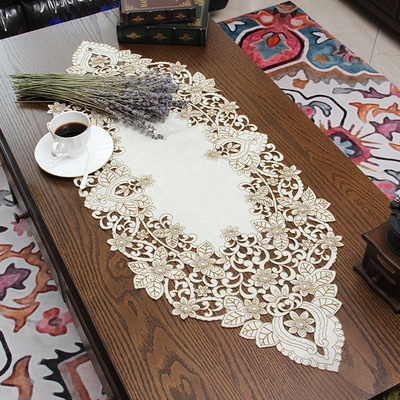 高档布艺桌旗人工小机绣花桌布镂空花边餐桌垫盖巾茶几巾欧式美式