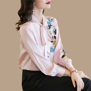 粉色高档真丝衬衫女小衫2020春秋新款时尚长袖印花系带桑蚕丝上衣