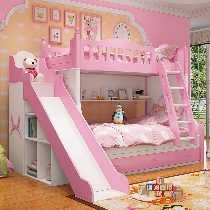儿童床高低床双层床上下床上下铺粉梦幻城堡公主床实木子母床滑梯