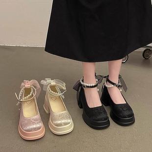高跟鞋女2024年春季新款粗跟玛丽珍单鞋新中式厚底国风珍珠小皮鞋
