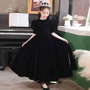 女童钢琴礼服黑色儿童主持人公主裙大童赫本风晚礼服走秀长裙春季