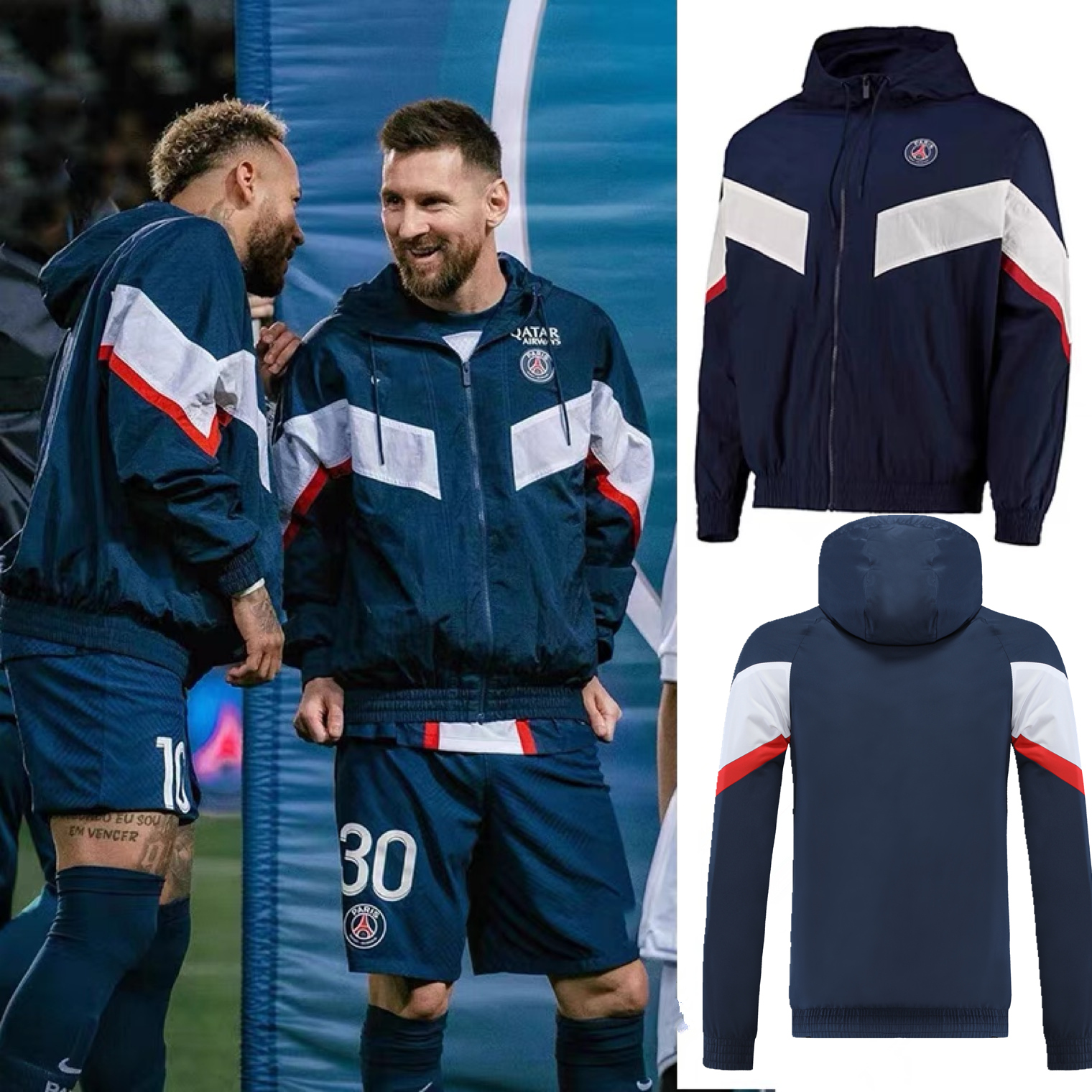 2223巴黎圣日尔曼风衣梅西外套带帽长袖训练服夹克挡风足球球衣