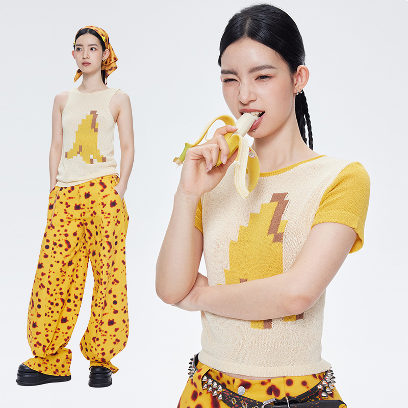Oinkoink 原创设计香蕉提花短袖针织T恤女2024新款百搭短款上衣