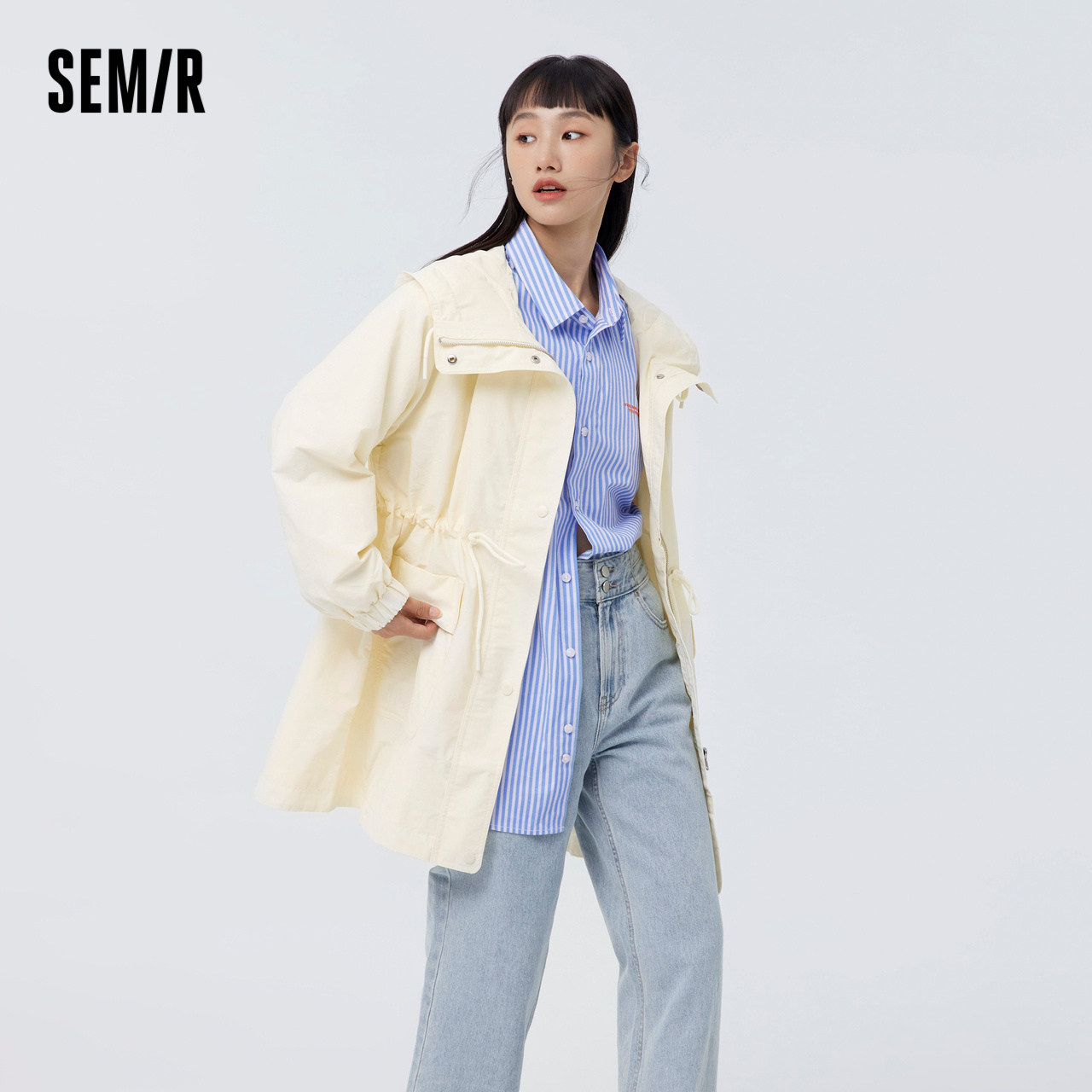 森马外套女中长款宽松慵懒风春季百搭休闲收腰连帽纯色女装工诅风