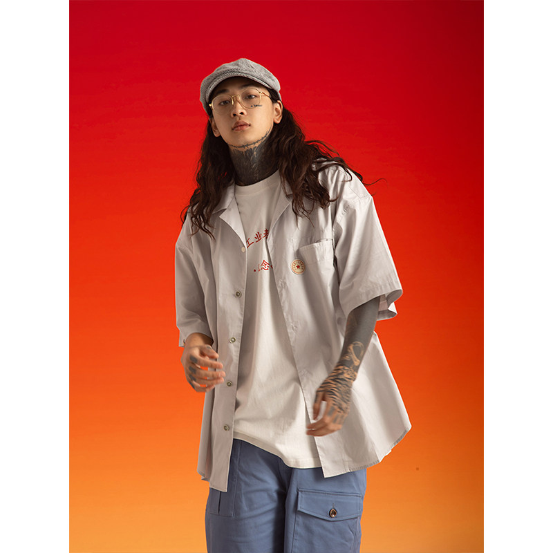 oscill浅灰老干部口袋aloha短袖衬衫宽松夏季街头衬衫