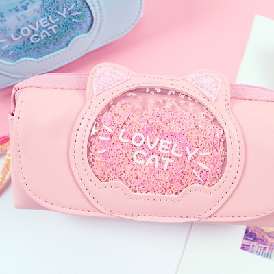 网红笔袋女小仙女少女心文具盒流沙双层粉色猫咪大容量帆布笔盒.