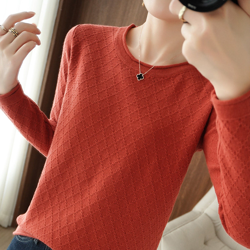 新款纯棉线长袖针织衫女圆领套头打底衫钩花镂空上衣纯色百搭线衣