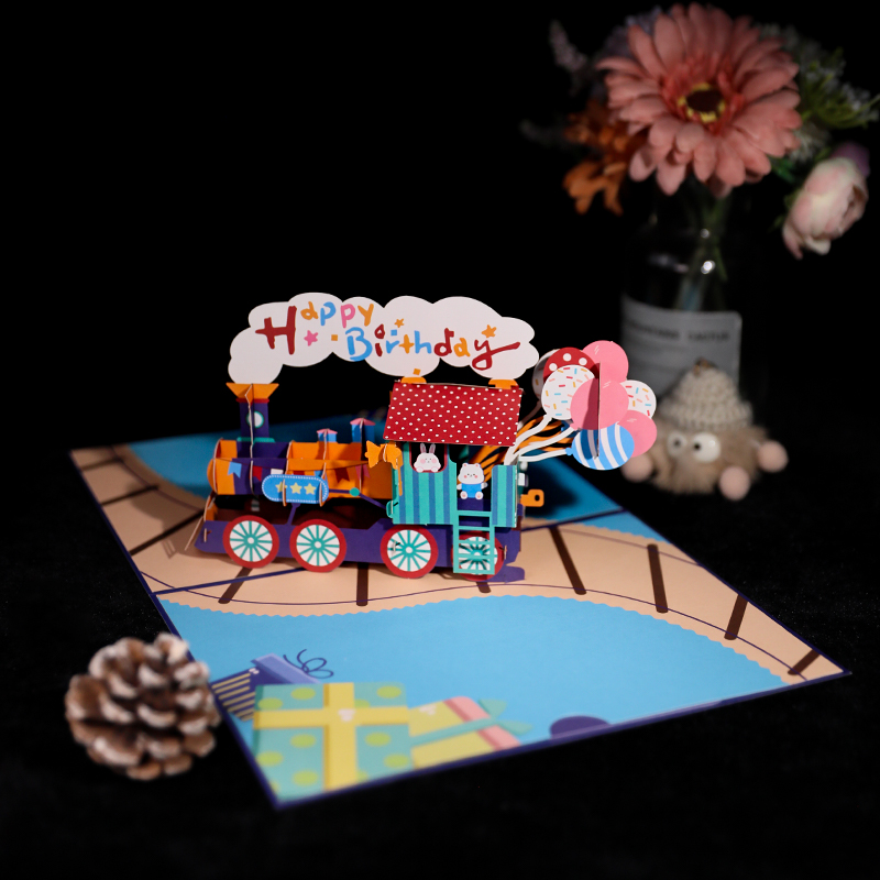 生日贺卡礼物新款3d小火车创意纸雕精美祝福留言小卡片感恩高级感