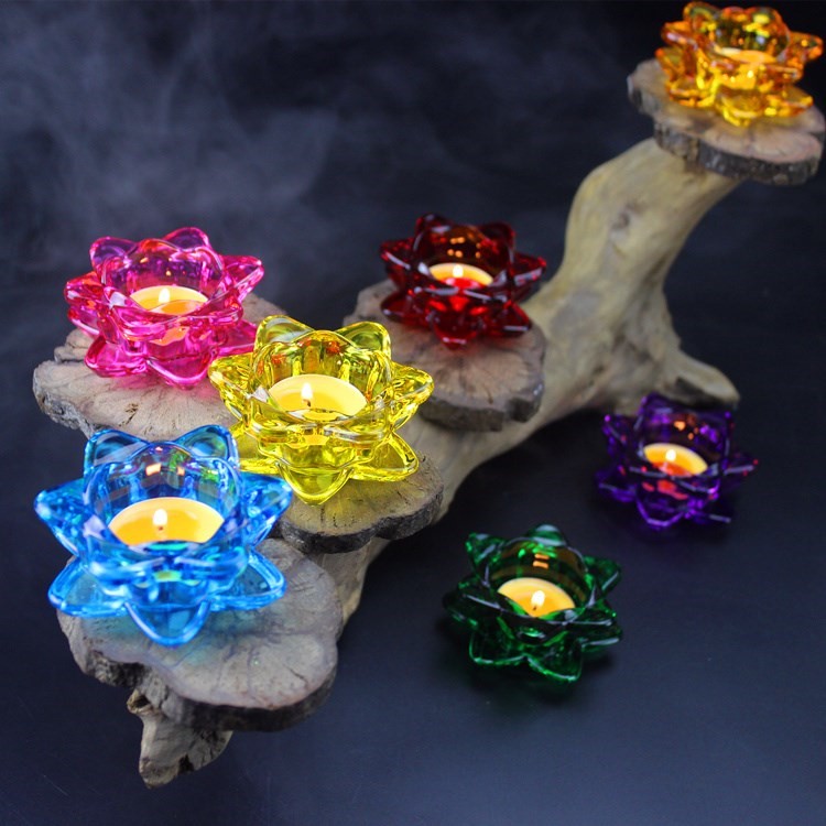 七彩创意莲花烛台摆件蜡烛酥油荷花灯座佛前家用水晶供佛灯酥油.