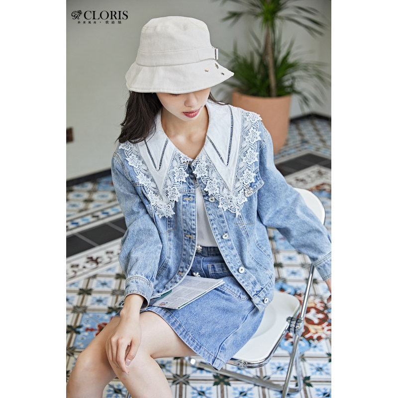 cloris/歌迪丝女士牛仔外套蕾丝娃娃领秋冬半身裙套装213a222