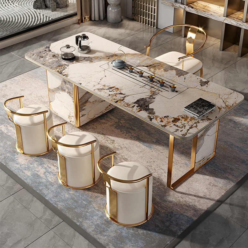 轻奢茶桌现代办公室高端简约功夫泡茶桌椅组合新中式大板岩板茶台