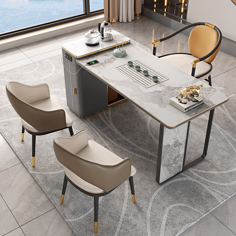 轻奢岩板功夫茶桌茶具套装一体简约现代书房书桌办公桌阳台小茶台