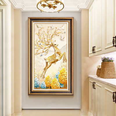 欧式玄关装饰画美式风格入户走廊过道竖版挂画书房大气壁画麋鹿