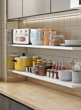 厨房免打孔置物架子隔板壁挂式搁架一字墙面上调料白色收纳多功能