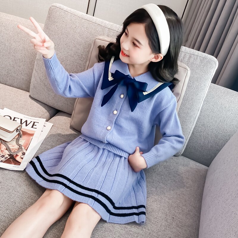女童毛衣百褶半身裙套装洋气春秋套裙2021新款儿童长袖格子短裙潮