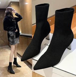 2021秋冬季新款瘦瘦中筒袜子靴高跟粗跟弹力尖头黑色女短靴时装靴