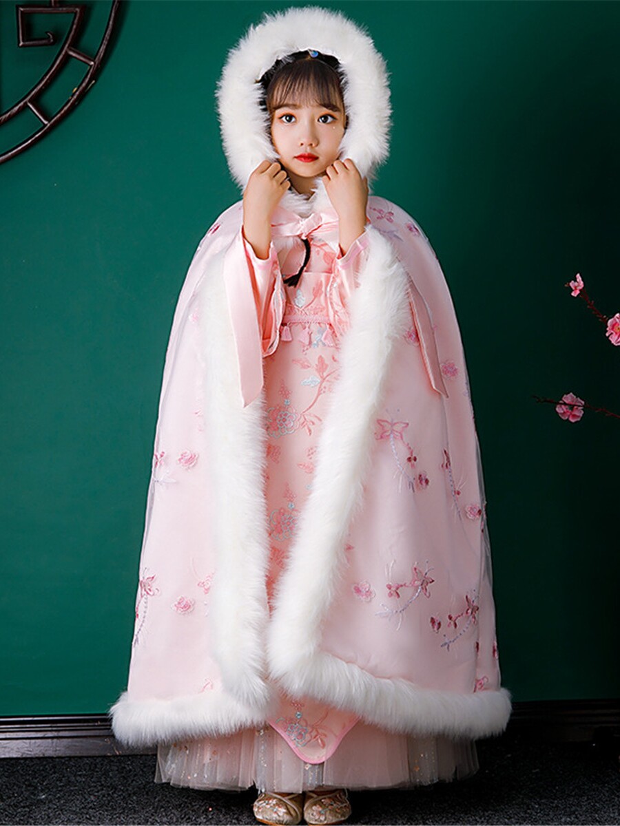 next win女童汉服冬季披风超仙加厚唐装中国风儿童月兔红色拜年服