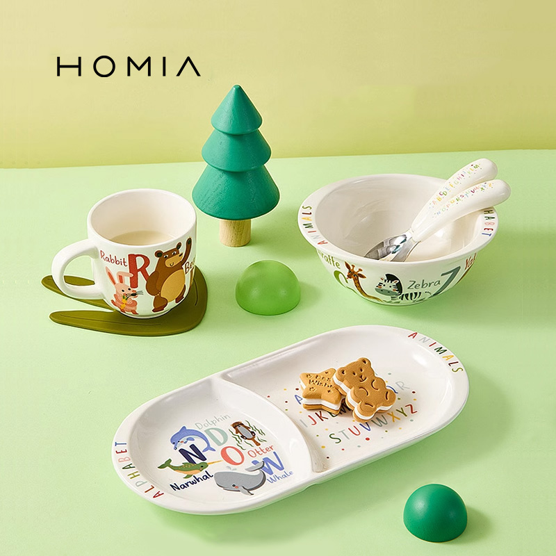 HOMIA可爱动物卡通釉下彩陶瓷儿童餐具套装幼儿宝宝专用吃饭碗碟