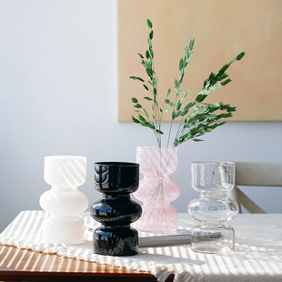 北欧轻奢小号黑色玻璃花瓶粉色透明水养干花插花装饰高级感异形瓶