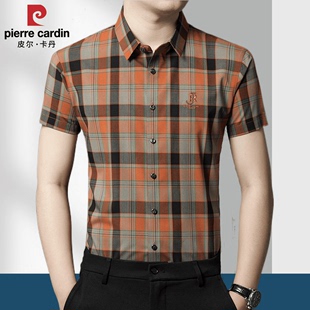 皮尔卡丹夏季新款短袖衬衫格子刺绣梭织布男士休闲韩版时尚衬衣潮