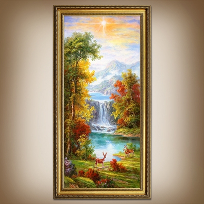 美式挂画手绘油画玄关风景山水瀑布聚宝盆欧式现代简约轻奢装饰画