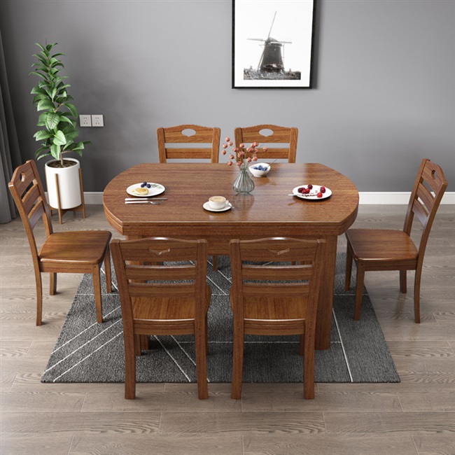 餐桌实木餐桌可伸缩折叠实木餐桌椅组合餐桌餐椅套装圆形饭