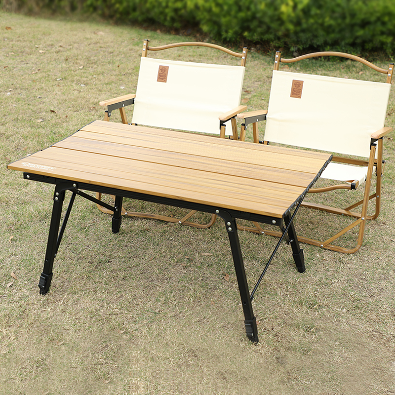 Discovery户外折叠蛋卷桌木纹铝合金户外桌子便携式露营野餐桌椅