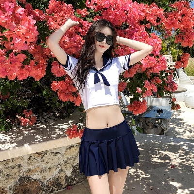 日韩学生制服jhk泳衣女裙式分体海胸聚院性感小军水手服学拢风泳