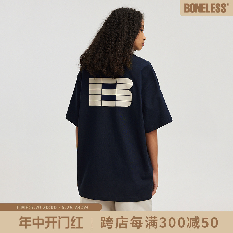 BONELESS美式情侣潮牌发泡B字印花高街短袖T恤男女体恤夏季上衣