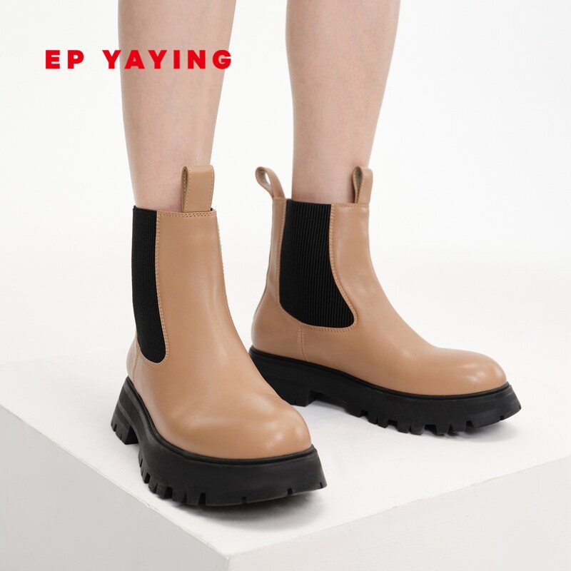 epyaying雅莹女鞋软质牛皮厚底英伦风马丁2022切尔西靴