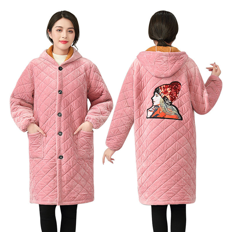 罩衣大人女秋冬保暖长款加绒加厚护衣长袖连帽棉袄外套上衣工作服