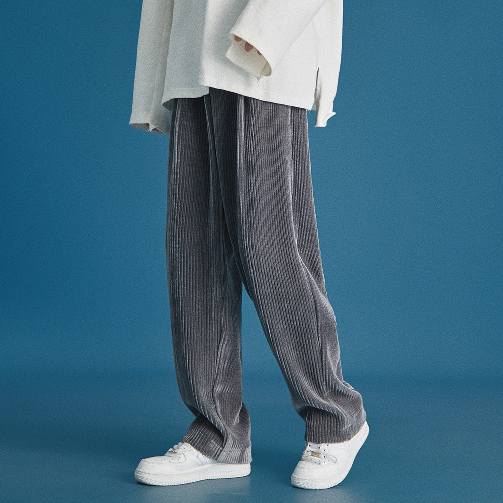 韩国灯芯绒丝绒垂感哈伦裤子秋季竖条纹褶皱宽松阔腿休闲男士长裤