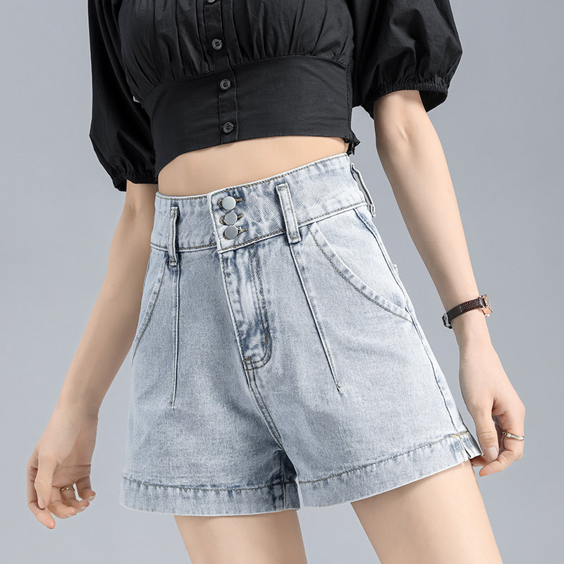 2021春季新款高腰牛仔短裤女排扣宽腰头几何分线收腹舒适显瘦显高