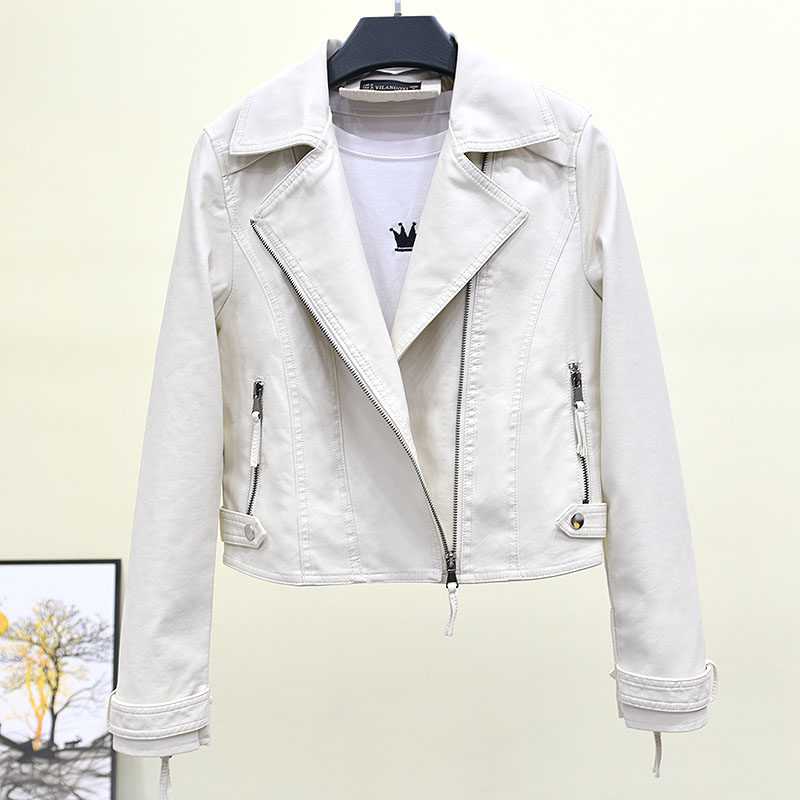 2022春秋新款韩版修身机车皮衣女pu短款白色皮夹克百搭显瘦小外套