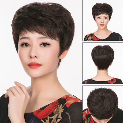 正品 假发女短发短卷发中老年真发女士头套斜刘海真人发丝送妈妈发