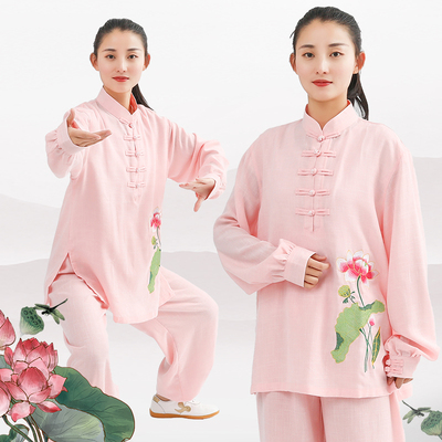 正品太极服女春秋棉麻亚麻夏长袖刺绣花中老年练功武术太极拳服中