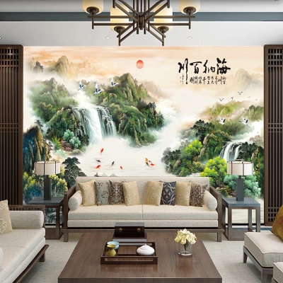 贴在墙上的山水画海纳百川电视背景墙自粘壁纸贴画风景装饰贴纸客