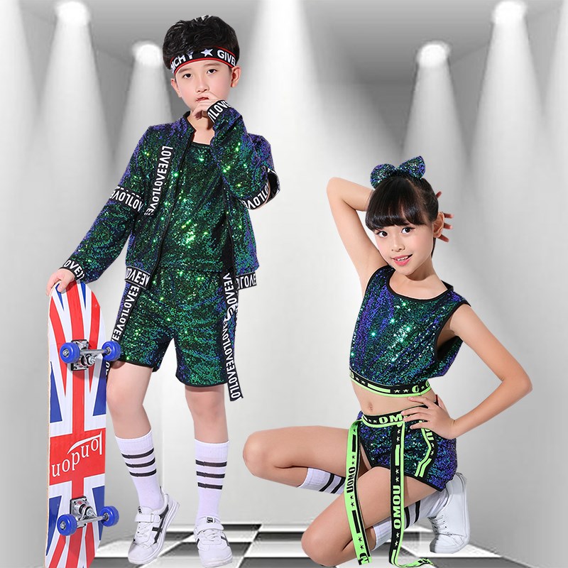 爵士舞服装儿童女亮片架子鼓演出服男童街舞嘻哈小学生表演服套装