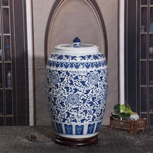 景德镇陶瓷青花复古米缸厨房家用带盖50斤100密封防潮防虫储物罐