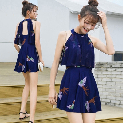 分体裙式泳衣女保守k学生平角裤条纹显瘦带袖子遮肩手臂大码游泳