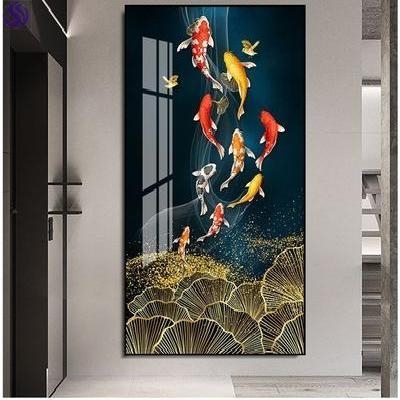 玄关客厅装饰画新中式风格九尾鱼招财竖版入门过道挂图风水进