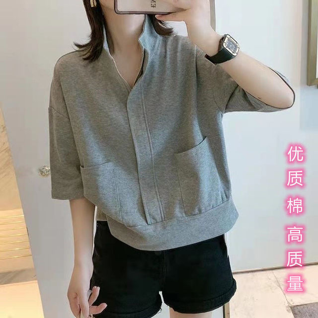 2025年夏季新款韩版半拉链百搭休闲套头短袖t恤卫衣外套女薄款潮