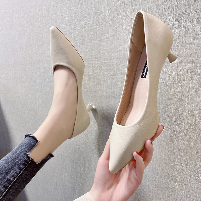 尖头小跟单鞋女细跟春秋低跟鞋女3公分职业时尚浅口百搭通勤女鞋5