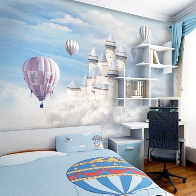 3d立体儿童房壁纸梦幻卡通城堡热气球沙发卧室背景墙无缝壁画墙纸