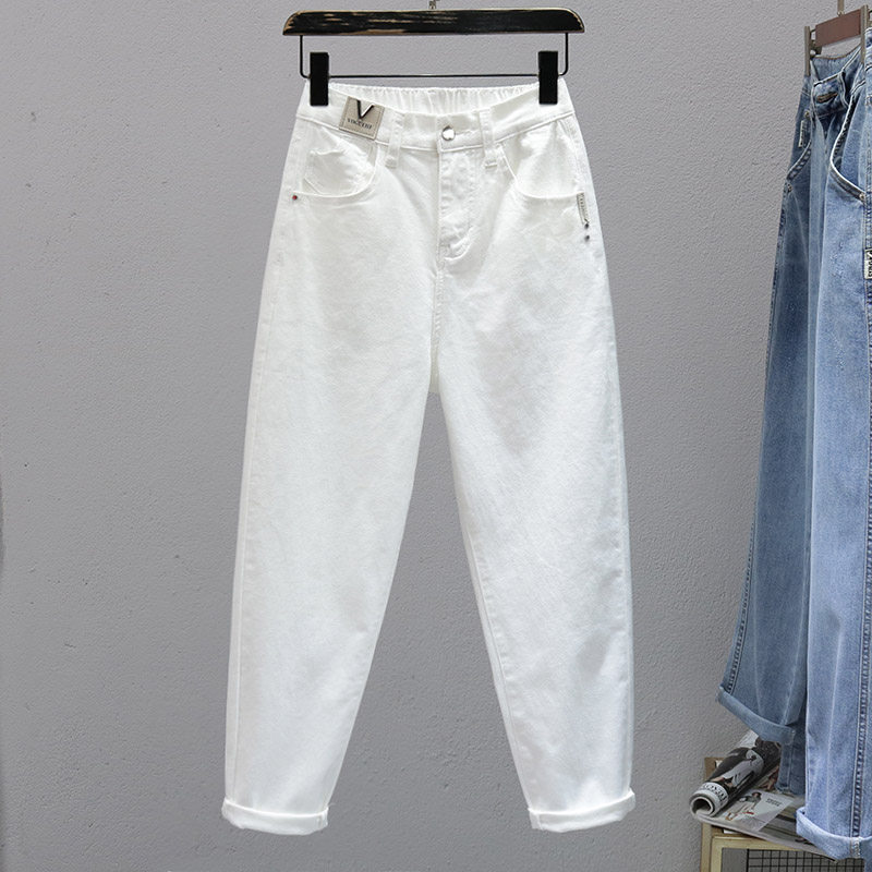 春款白色牛仔裤女2022松紧腰宽松显瘦弹力哈伦裤百搭潮长裤萝卜裤